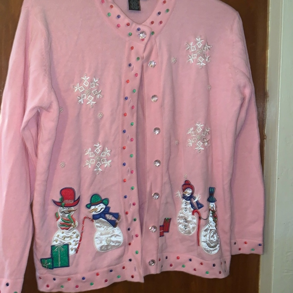 Terazzo Fancy Pink Holiday Sweater Snowman Ugly Christmas cardigan vintage rare